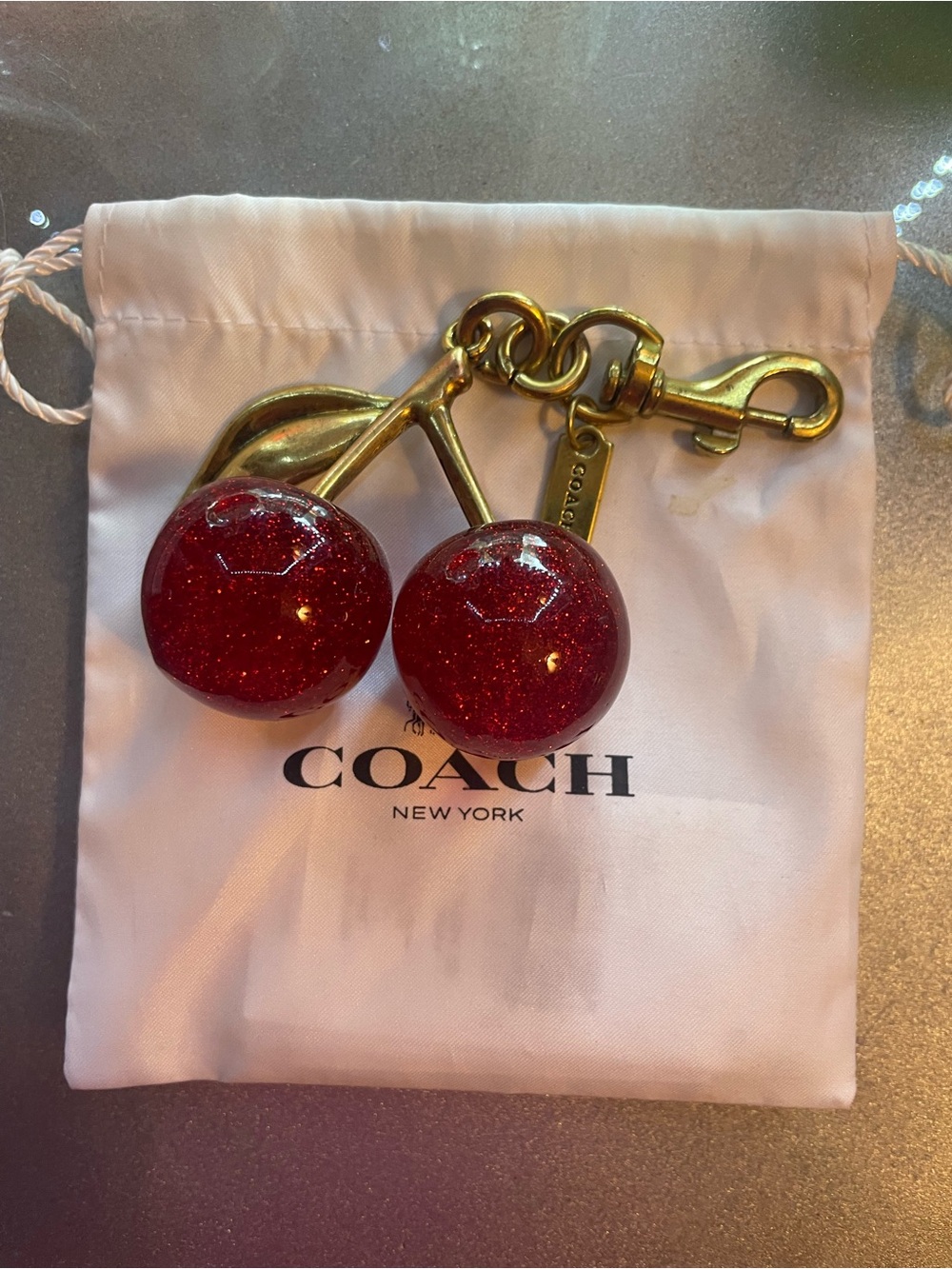 COACH Cherry Bag Charm in glitter resin with brass-tone hardware.